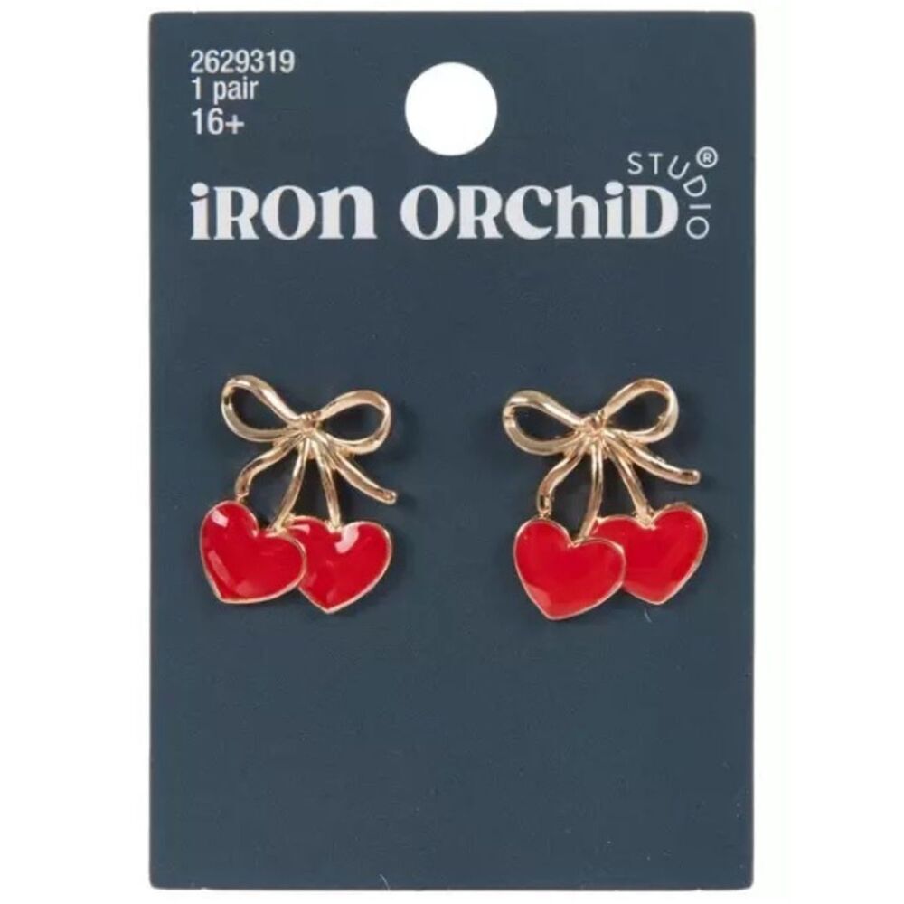 New Iron Orchid Gold Bow Red Heart Drop Earrings